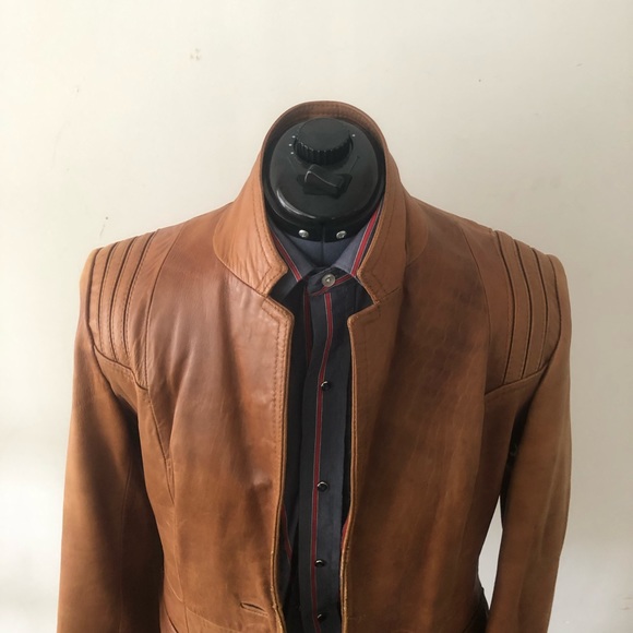 Vintage 70s Belted Leather Jacket Caramel Brown Leather Cognac Tailored Medium - Picture 8 of 16